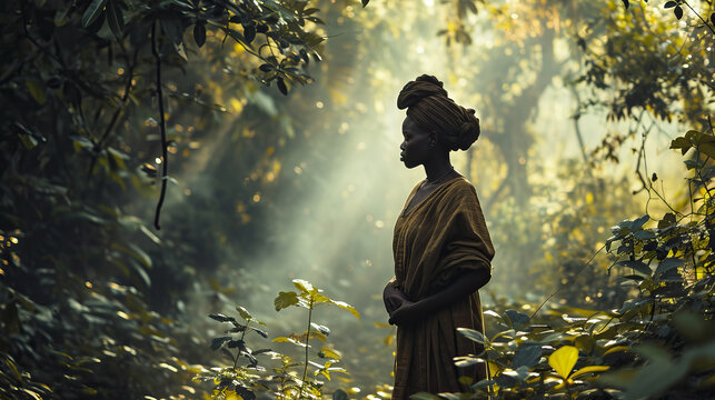 Image of a scene where a Yoruba woman is standing all alone in a thick African forest.
