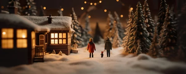 Tuinposter A miniature man and a miniature woman standing in front of miniature Christmas tree with decoration Beautiful snow top view with snowy landscape and trees on a Christmas themed © krishnendu