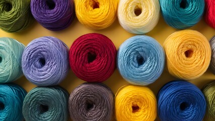 Closeup image of colorful wool yarn balls. Multi-colored threads for knitting