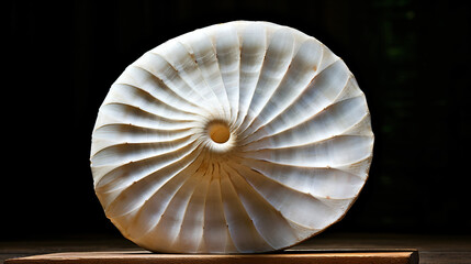 A large nautilus shell on display on a wooden surface.