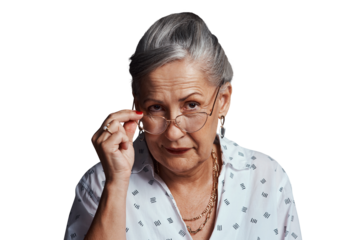 Senior woman, portrait and glasses for thinking in retirement and judgement with trendy prescription eyewear. Old lady, face or funky spectacles for eyecare or isolated on transparent png background