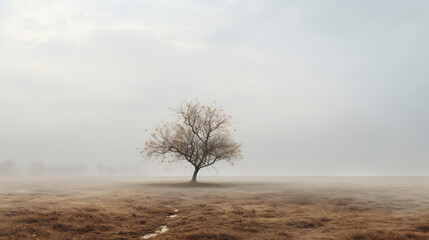 Fototapeta na wymiar A lonely tree in a field without leaves, surrounded by fog.