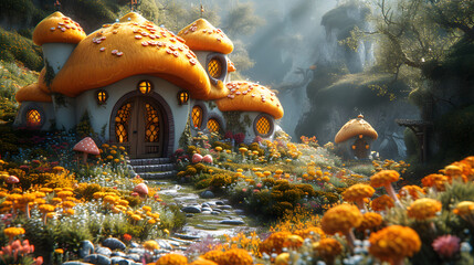 3d illustration of mushroom house landscape