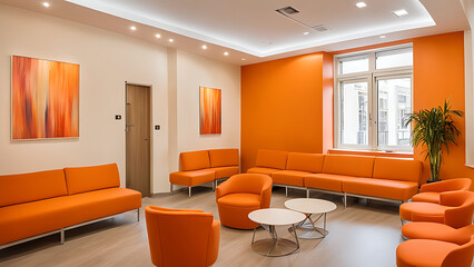 he room is a waiting area in the clinic, made in modern orange tones