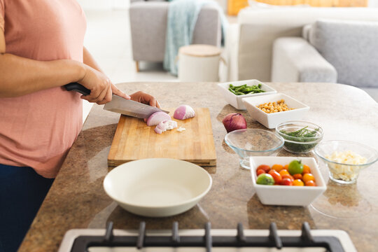 A person is chopping onions in a home kitchen