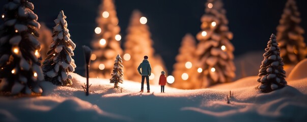 A miniature man and a miniature woman standing in front of miniature Christmas tree with decoration Beautiful snow top view with snowy landscape and trees on a Christmas themed - obrazy, fototapety, plakaty