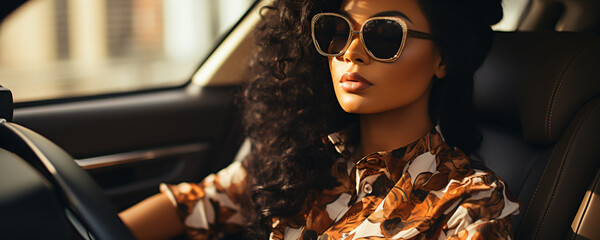 a beautiful luxury black woman driving a car
