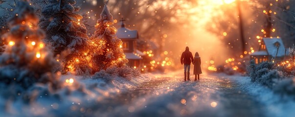Obraz na płótnie Canvas A miniature man and a miniature woman standing in front of miniature Christmas tree shines lights garlands