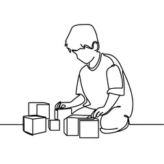 A boy plays with cubes in a line drawing style