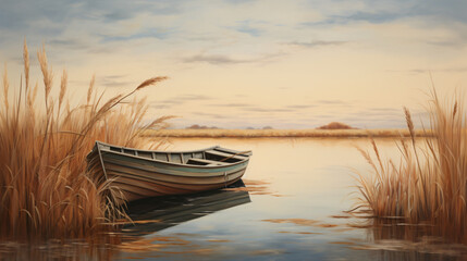 A painting of a boat on a lake with reeds. - obrazy, fototapety, plakaty