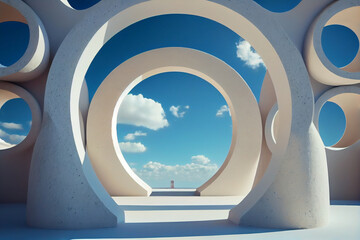 Futuristic White Architecture Design on Cloudy Sky Background. Abstract Construction Concept. 3d Render Illustration