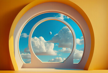 A 3D render of an abstract background with clouds inside arch windows on the yellow wall