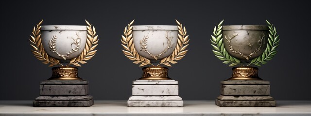 a marble trophy with gold and green leaves