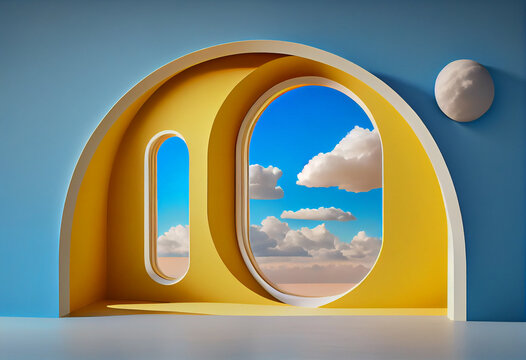 A 3D render of an abstract background with blue sky inside the arch windows on the yellow wall