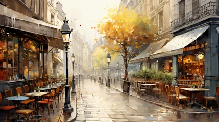 Keuken spatwand met foto A painting of a city street with a cafe  © Natia