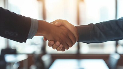 Professional Commitment: Handshake between a Hiring Manager and a Candidate Signifying a Successful Job Interview, Backlit by Natural Office Light