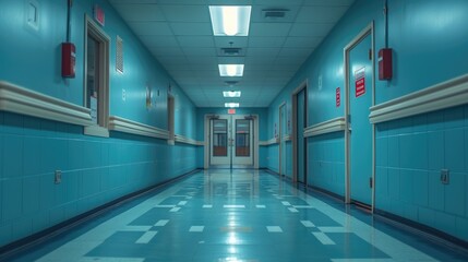Empty Hospital Corridor with Blue Walls and Bright Lights