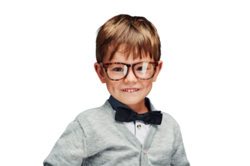 Portrait, young boy or nerd fashion with glasses or confident child in trendy clothes with bow tie. Kid model, face or geek in style jersey for kindergarten or isolated on transparent png background