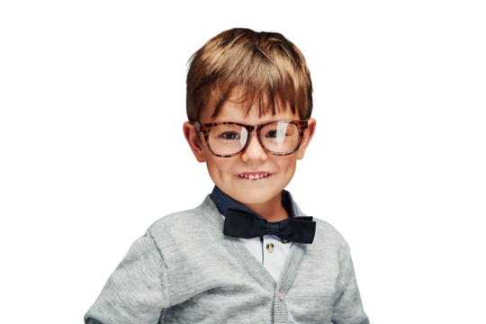 Portrait, young boy or nerd fashion with glasses or confident child in trendy clothes with bow tie. Kid model, face or geek in style jersey for kindergarten or isolated on transparent png background