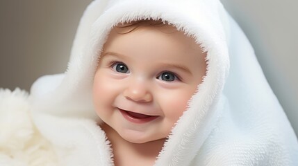 Smiling Baby Portrait Wrapped in Soft White Blanket