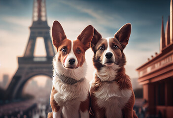 Two Happy Dogs Posing for a Vacation Photo in Paris - obrazy, fototapety, plakaty