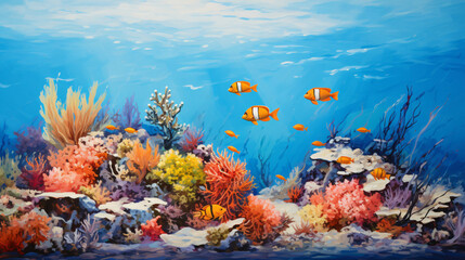 Fototapeta na wymiar A painting of a group of fish swimming in the ocean.