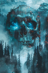 a skull featuring glowing rune symbols, against a winter forest and mountains