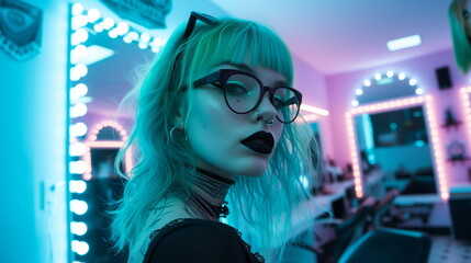 White futuristic punk woman in neon light, lamps on background, young artist in  a beauty salon