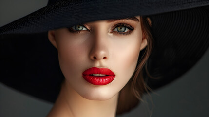 Fashion Model Beauty Portrait, Elegant Woman in Black Hat and red lipstick