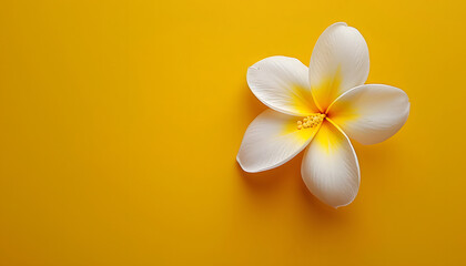 A white flower on a yellow background with copy space