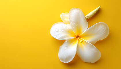 Fototapeta na wymiar A white flower on a yellow background with copy space