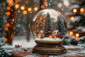 Fototapeta na wymiar globe with snowy landscape and trees on a Christmas themed with dark wooden table New Year presents christmas