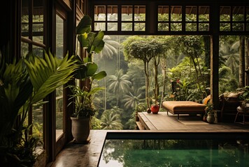 a pool with a couch and plants in it