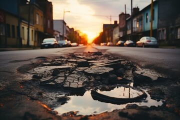 Very bad quality urban street with potholes and damaged asphalt pavement in the city