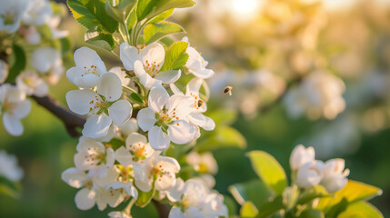 Apple tree in full bloom, clusters of white blossoms, a serene orchard background, bees buzzing softly, springtime scene