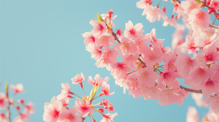 Blossoming cherry tree, delicate pink flowers against a clear blue spring sky, renewal and the beauty of spring