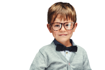 Portrait, young kid or student in bowtie with glasses or confident boy in trendy clothes with fashion. Child, face or smile in style jersey for kindergarten or isolated on transparent png background