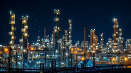 Night scene of a refinery, illuminated pipelines and towers, energy and complexity, showcasing the intensity and infrastructure of the chemical industry