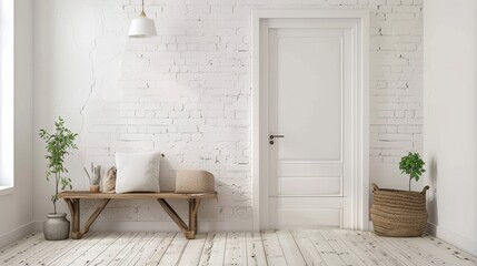 Contemporary Entrance Hall with Minimalist White Brick Accent Wall and Wooden Bench - obrazy, fototapety, plakaty