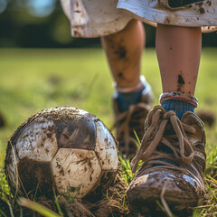 Close-up of children's soccer or footnall cleats and a soccer ball, grass stains and mud, detailing the action and playfulness of a soccer or football game, set against a blurred field background