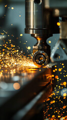 Close-up of heavy machinery in action, metallic textures, and dynamic motion, sparks flying, highlighting the power and precision of modern manufacturing