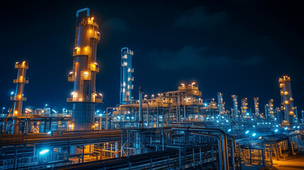 Night scene of a refinery, illuminated pipelines and towers, energy and complexity, showcasing the intensity and infrastructure of the chemical industry