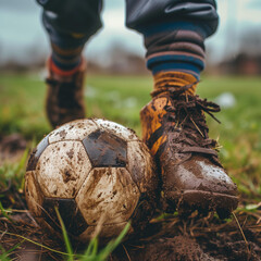 Close-up of children's soccer or footnall cleats and a soccer ball, grass stains and mud, detailing the action and playfulness of a soccer or football game, set against a blurred field background