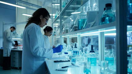 Technological research facility, clean and precise environment, scientists and engineers working on advanced projects, representing innovation and the future of industry