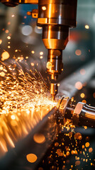 Close-up of heavy machinery in action, metallic textures, and dynamic motion, sparks flying, highlighting the power and precision of modern manufacturing
