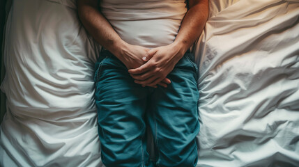 Overhead view of a man lying in bed, hands on stomach and lower the stomach, subtle expression of pain, focus on personal healthcare
