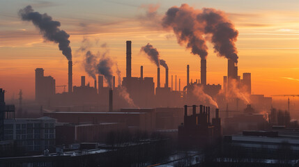 Panoramic view of a sprawling industrial complex, smokestacks, and structured buildings, under a dusky sky, symbolizing the scale and impact of industrial activity