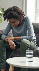 woman or a young girl sitting on a couch, bending forward in discomfort, a glass of water on the table, home setting, focus on abdominal pain
