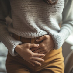 Close-up of a woman or a girl clutching her abdomen, expression of discomfort, concept of stomach pain