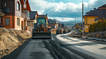 Paving asphalt in a residential area, machinery and workers in sync, neighborhood houses in the background, community upgrade